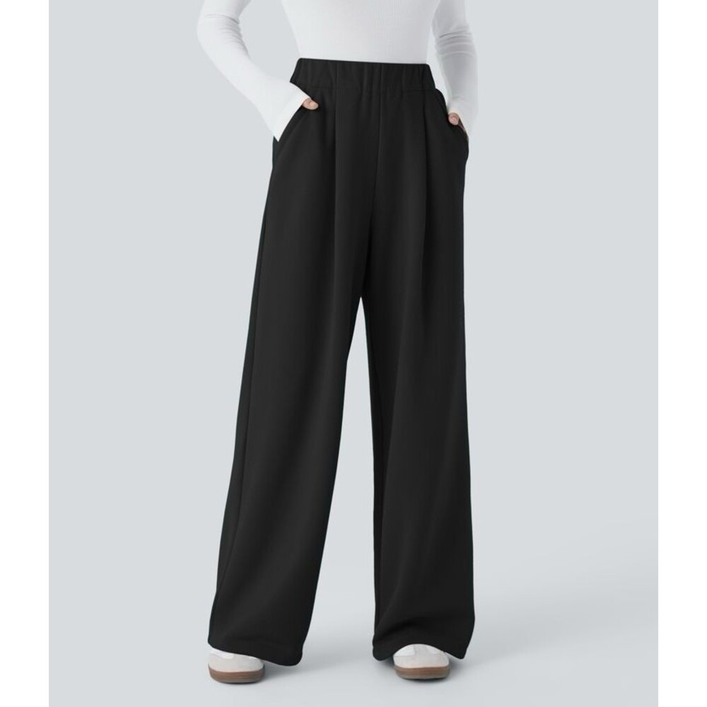Halara High Waisted Wide Leg Pants M Petite Pleated Pockets Athleisure Black NWT